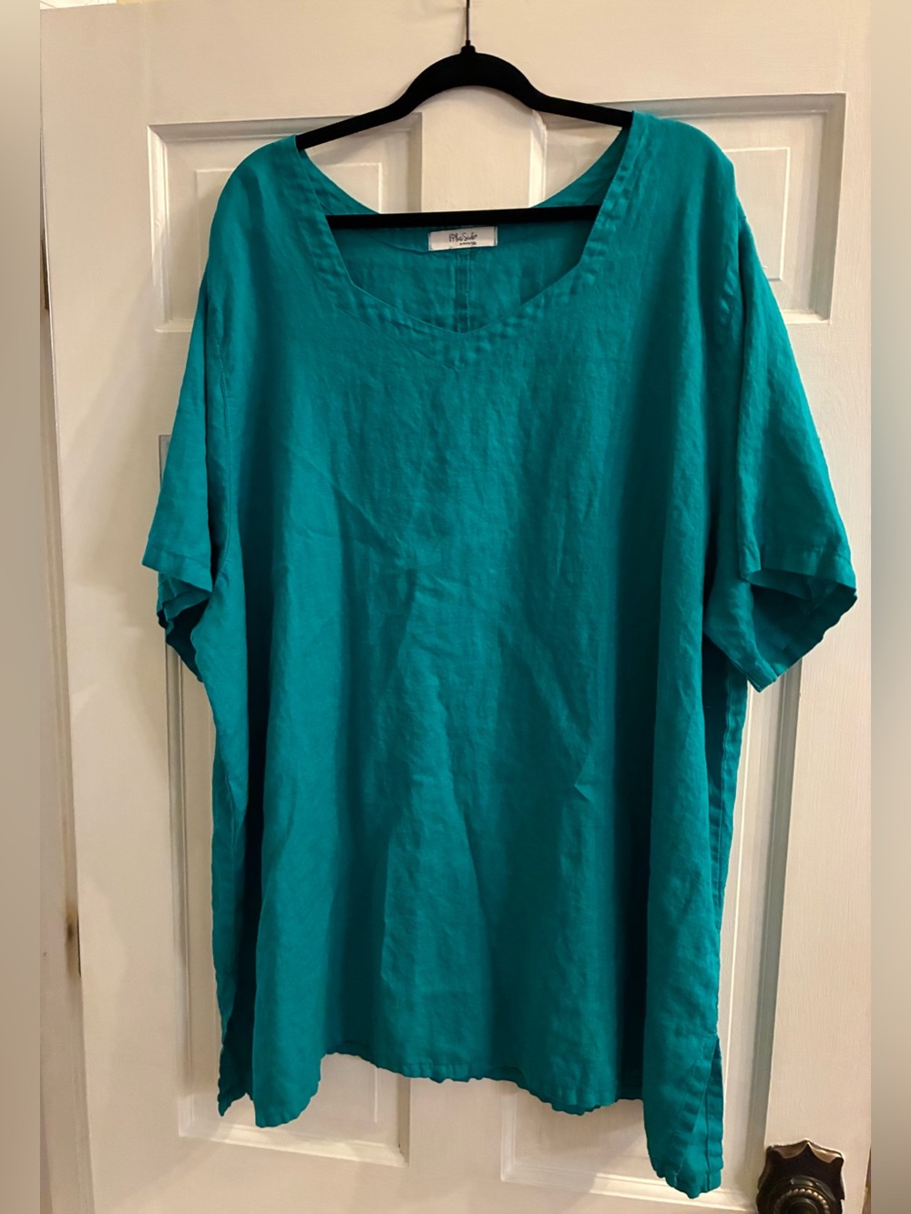 On the Plus Side Brand Relaxed Teal Women's Linen Top - Size 4X